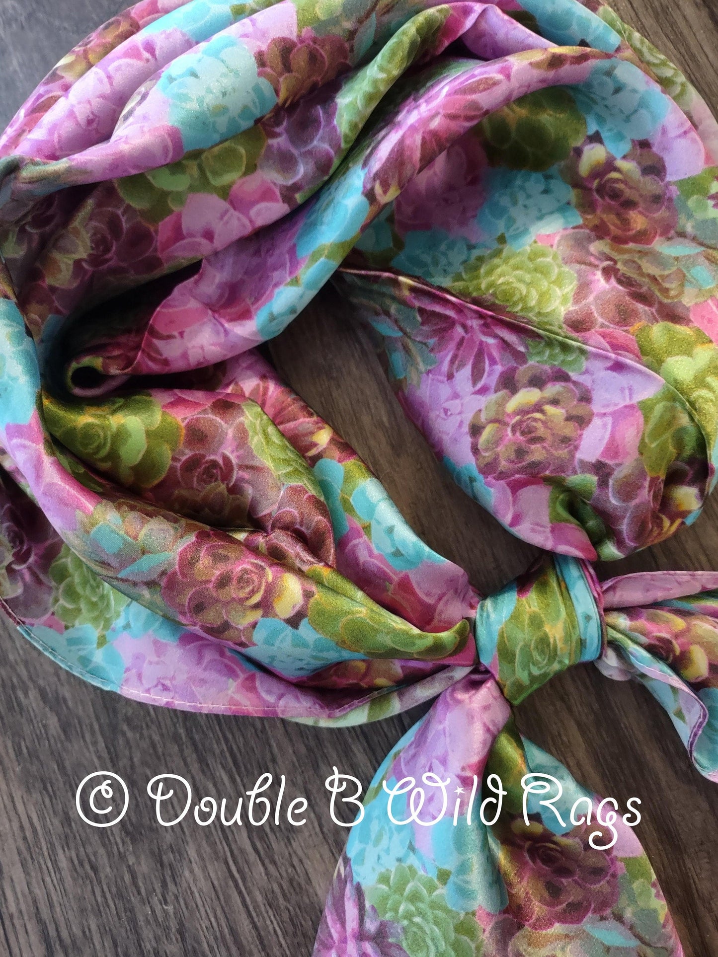 100% Silk Bandana SUCCULENTS Green, Purple, Turquoise