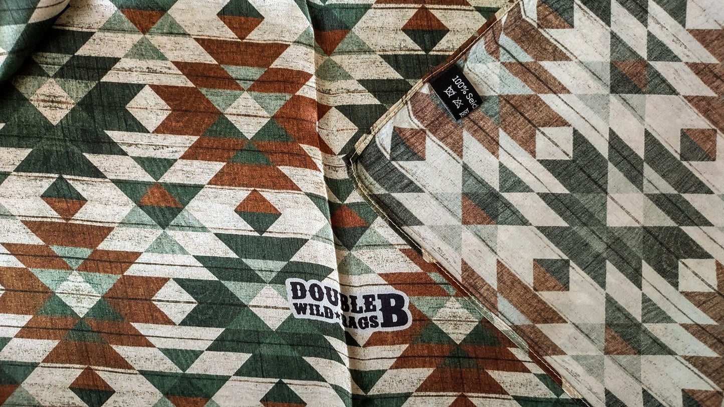 100% Silk Bandana Green and Brown Distressed Aztec