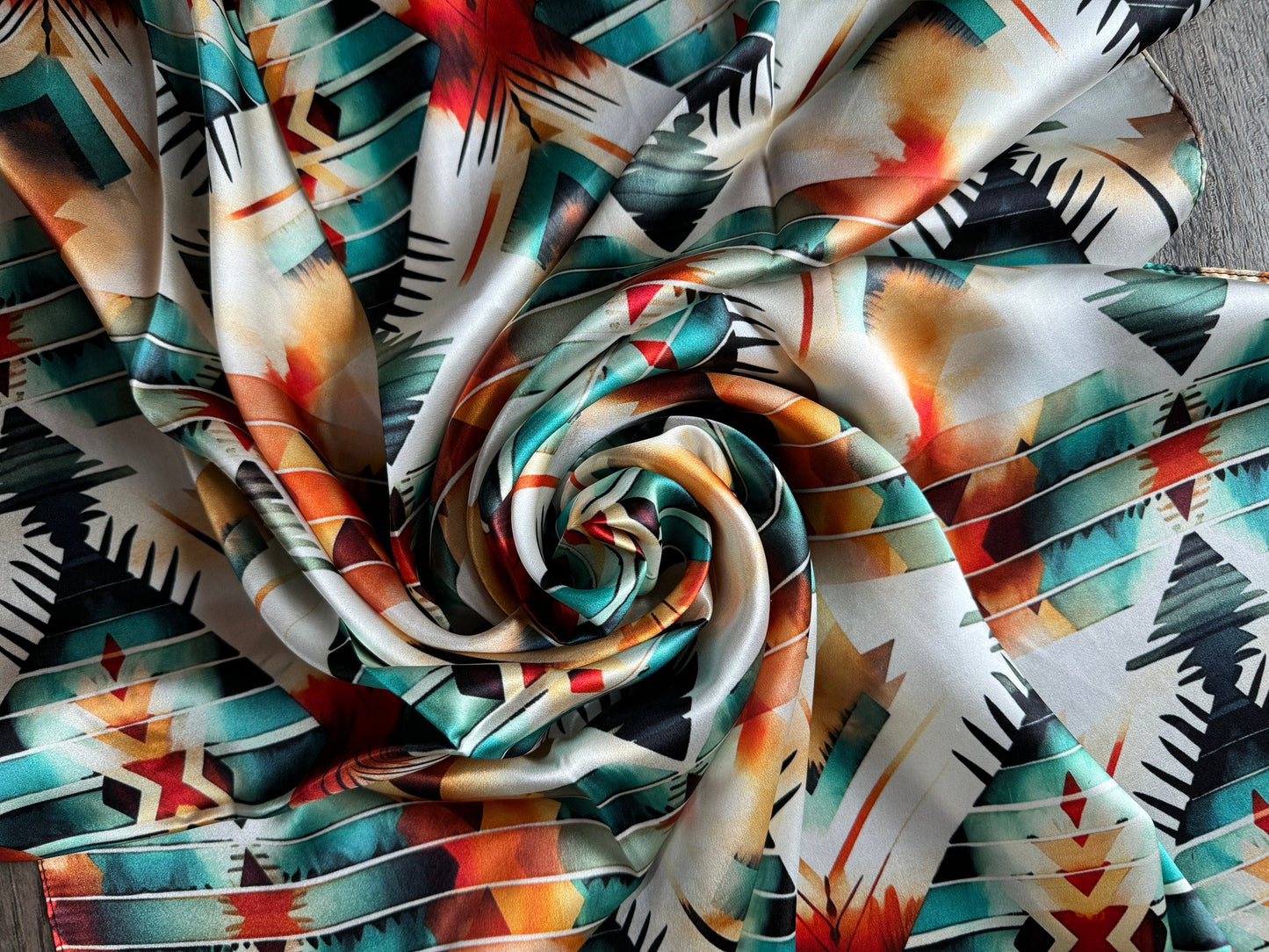 100% Silk Bandana Aztec Native Orange Teal and White