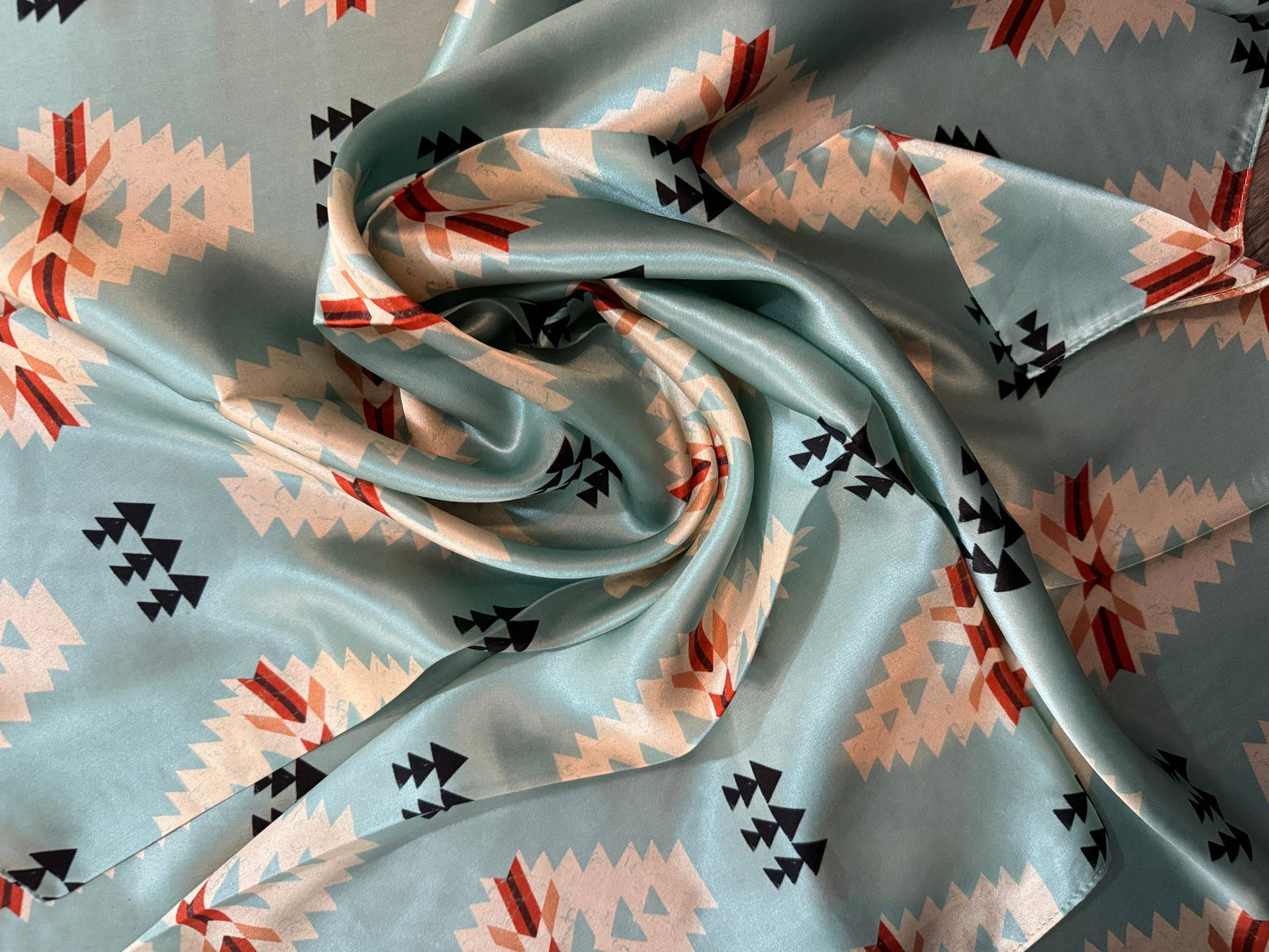 100% Silk Bandana Aztec Native Light blue and ivory