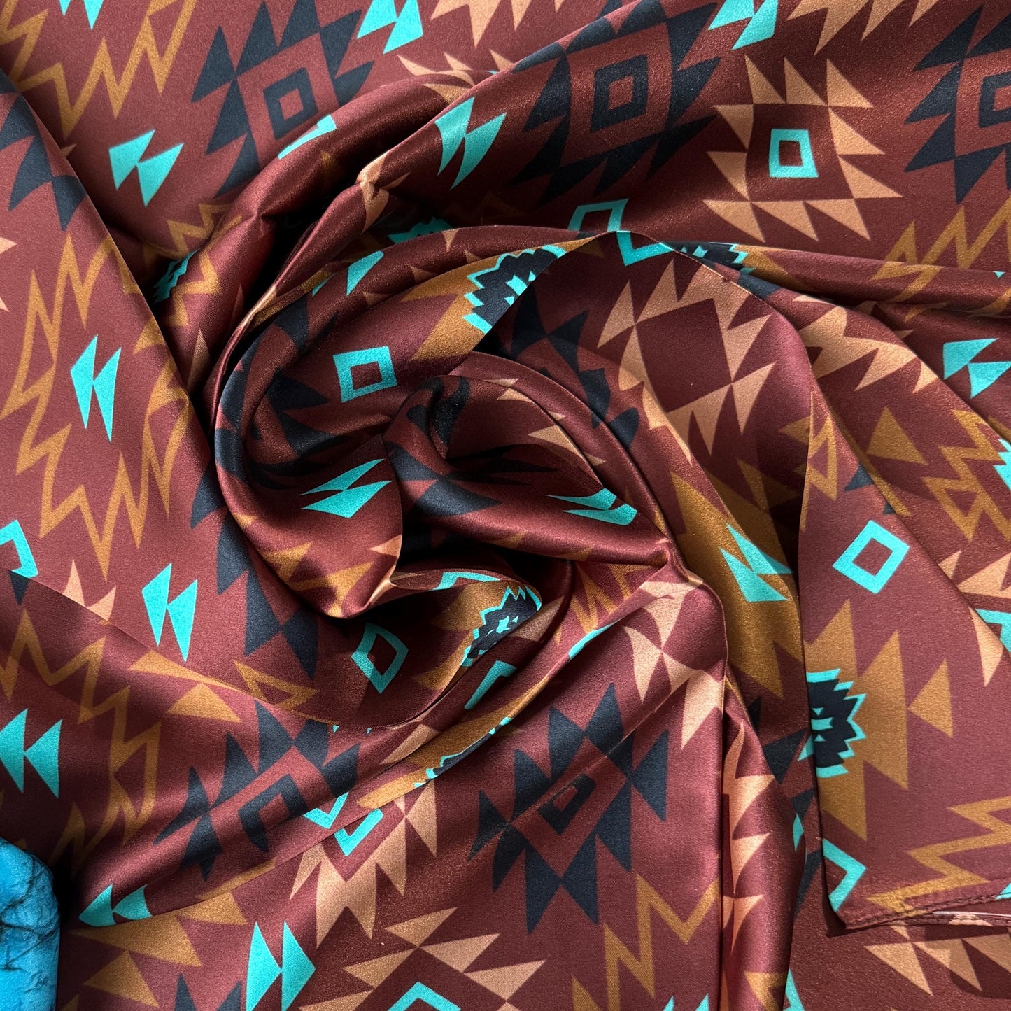 100% Silk Bandana Chestnut and Turquoise Aztec inspired