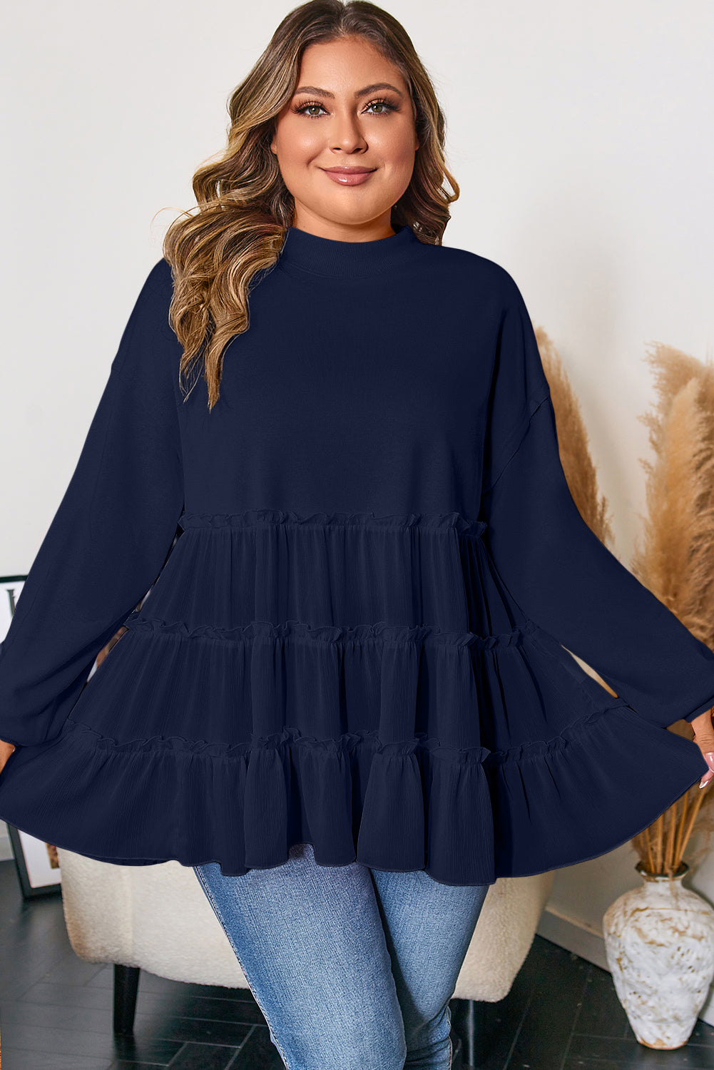 Tiered Ruffle Ribbed Crew Neck Top