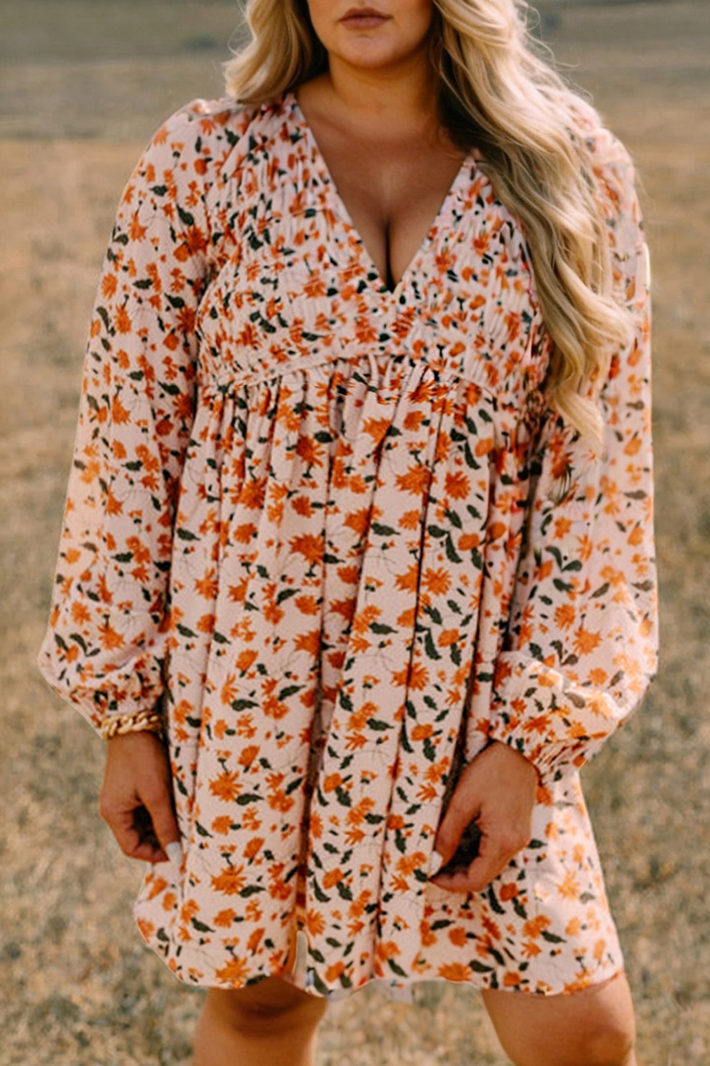 Floral Print V Neck Full Sleeve Babydoll Dress