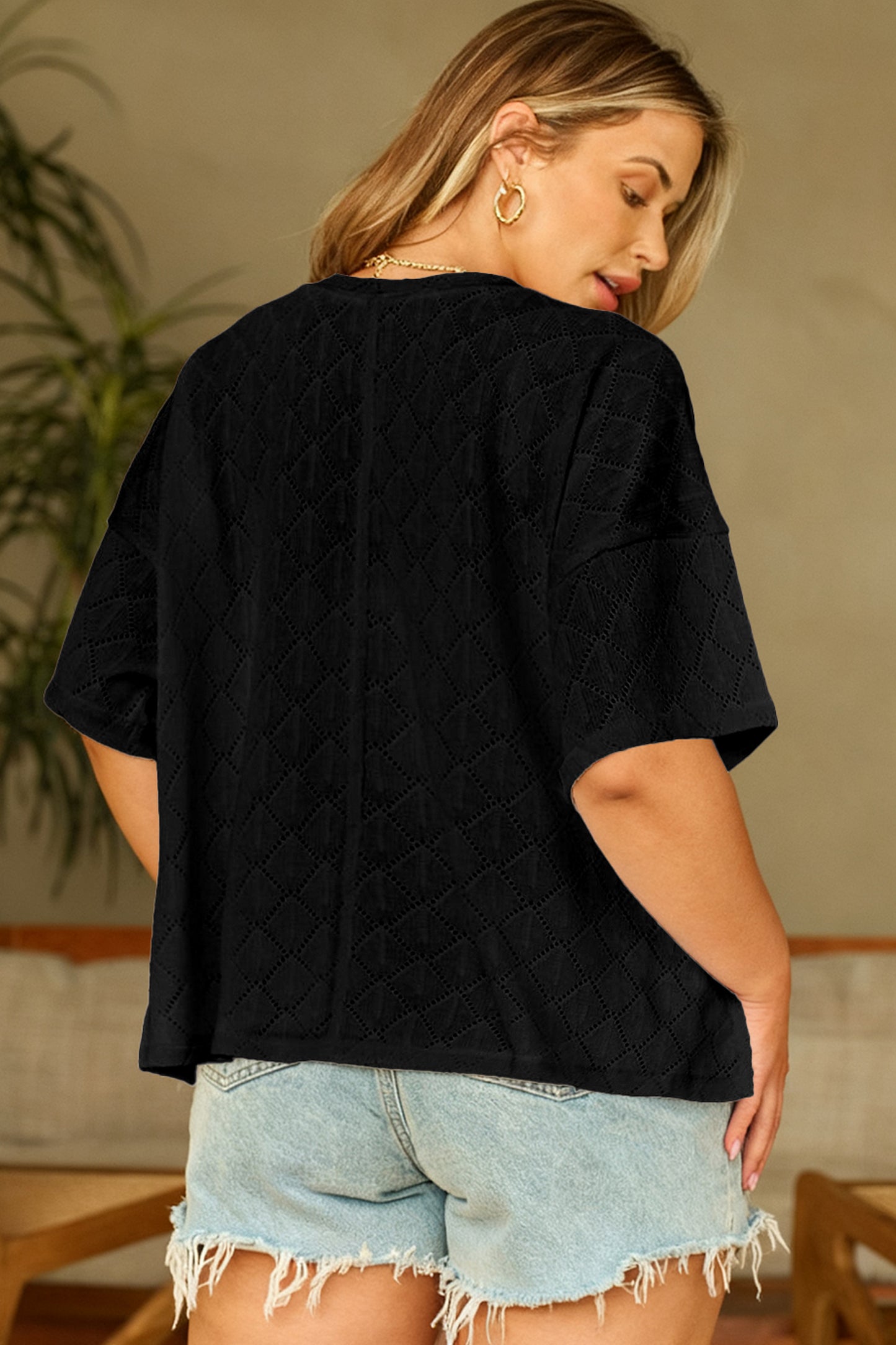 Pointelle Rhombus Knit V Neck Loose Top