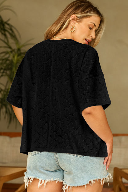 Pointelle Rhombus Knit V Neck Loose Top