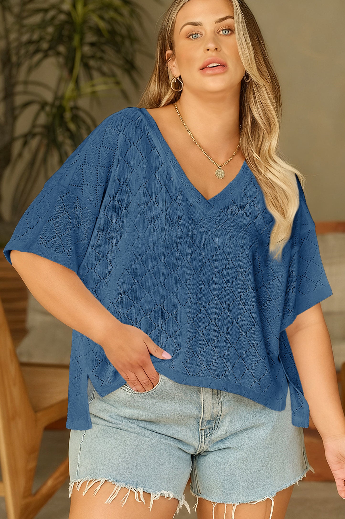 Pointelle Rhombus Knit V Neck Loose Top