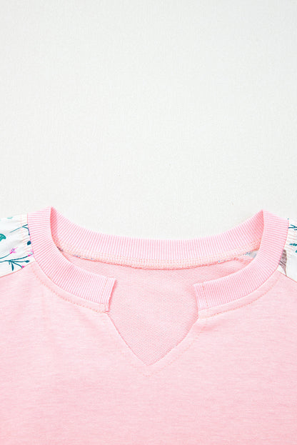 White Floral Colorblock Patchwork Notched Neck Long Sleeve Top