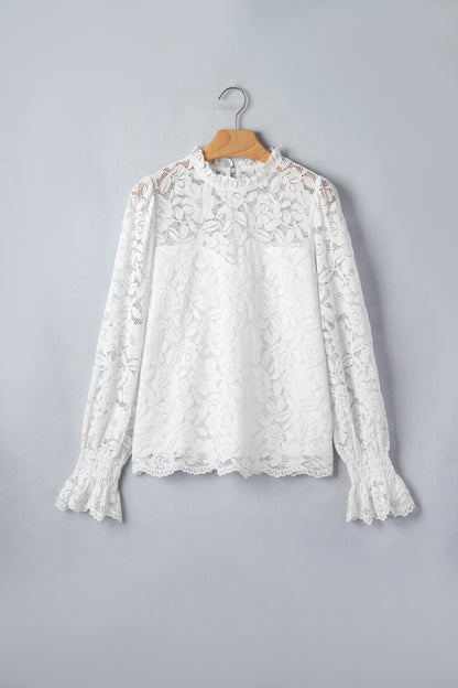 White Ruffled Neck Sheer Lace Blouse