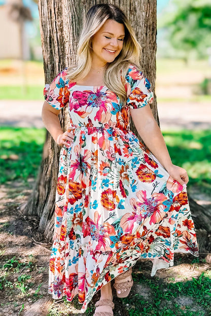 Floral Puff Sleeve Flowy Midi Dress