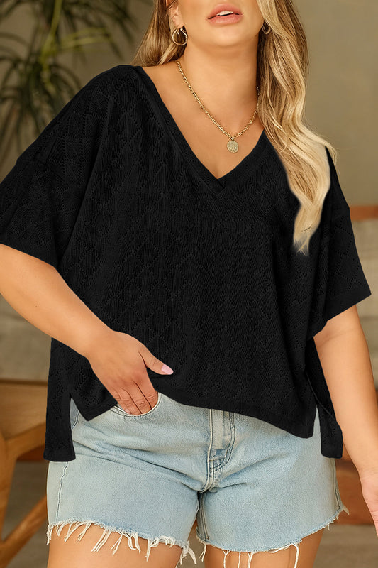 Pointelle Rhombus Knit V Neck Loose Top