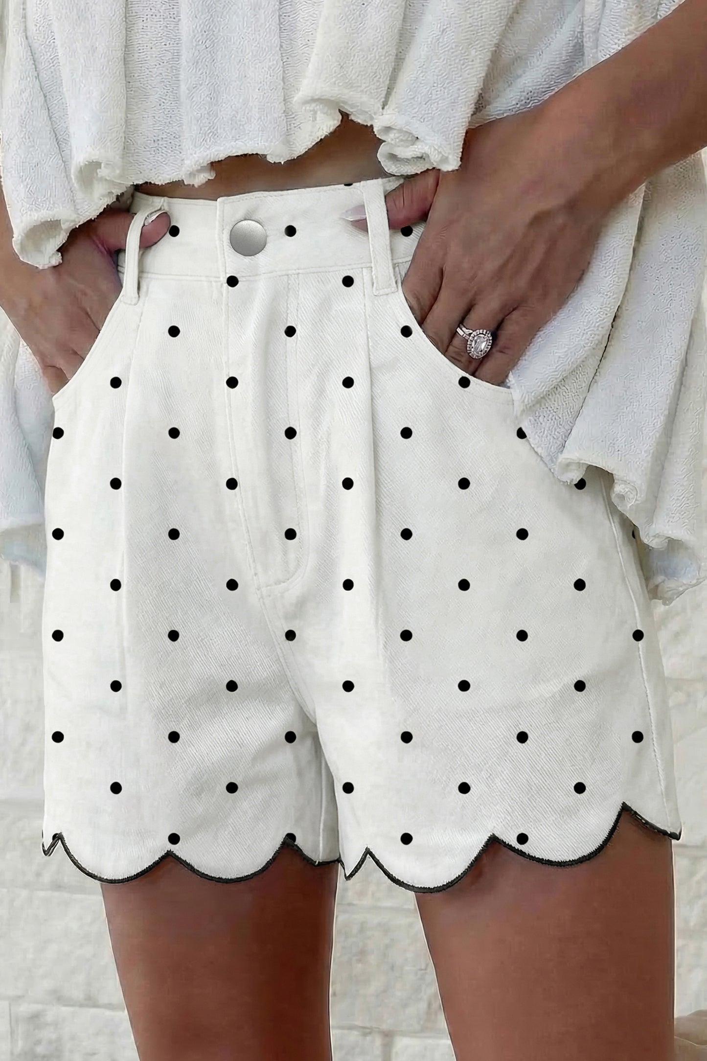 White Polka Dot Embroidered Scallop Hem Shorts