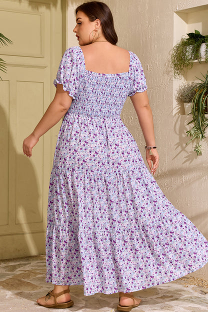 Purple Floral Print Smocked Maxi Dress