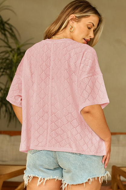 Pointelle Rhombus Knit V Neck Loose Top