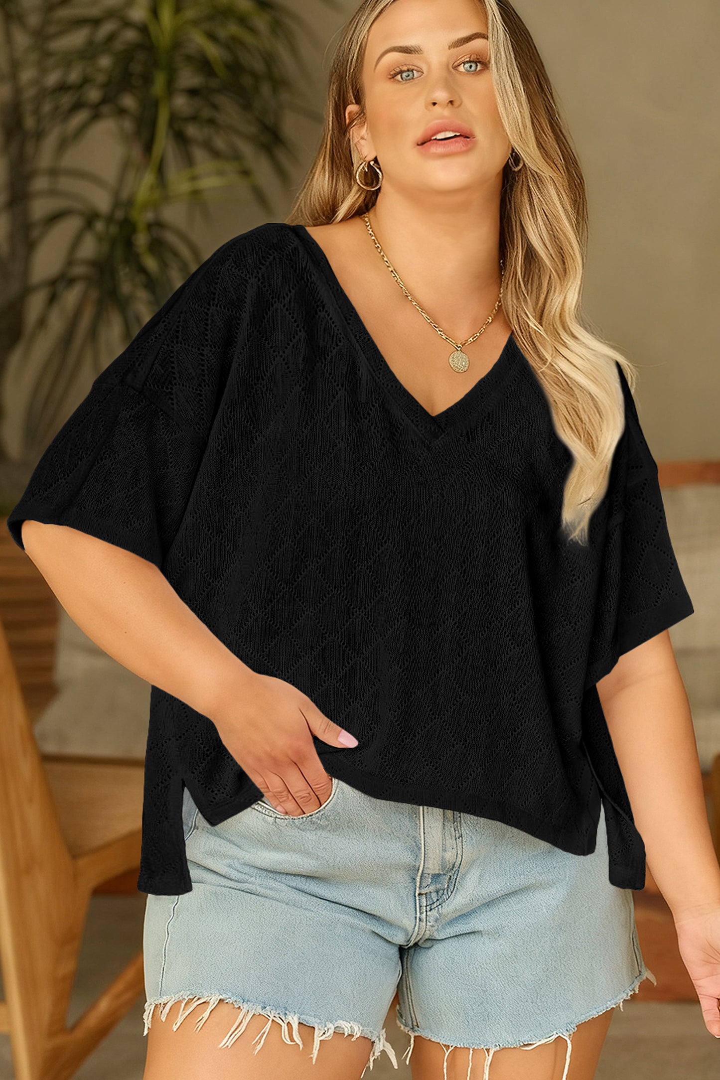 Pointelle Rhombus Knit V Neck Loose Top