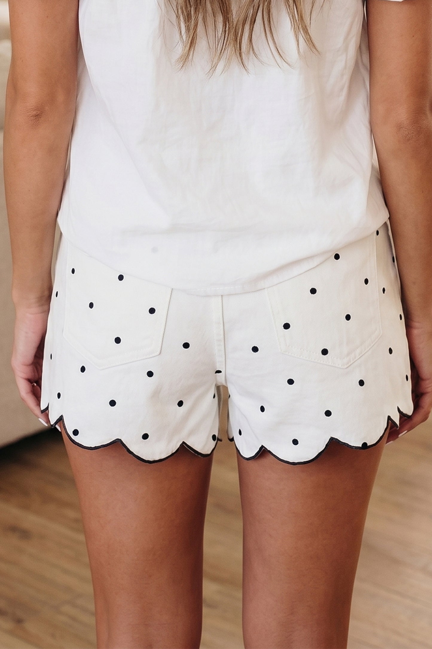 White Polka Dot Embroidered Scallop Hem Shorts