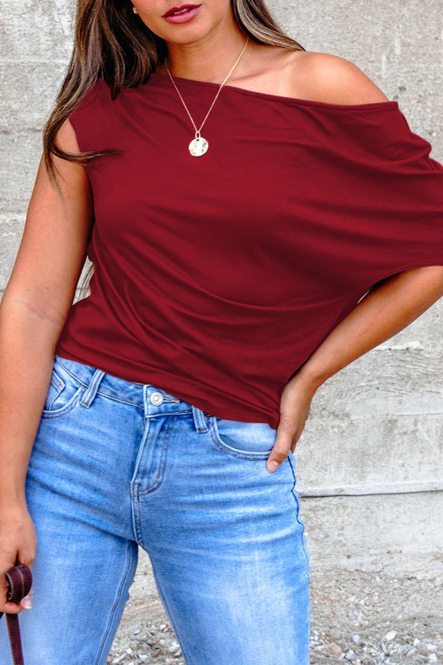 Asymmetric Neck Short Sleeve Blouse