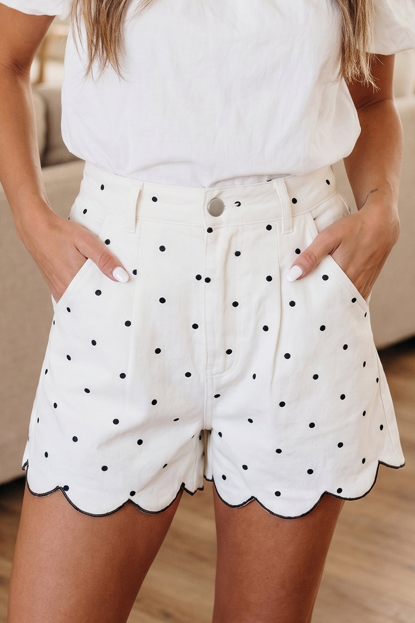 White Polka Dot Embroidered Scallop Hem Shorts