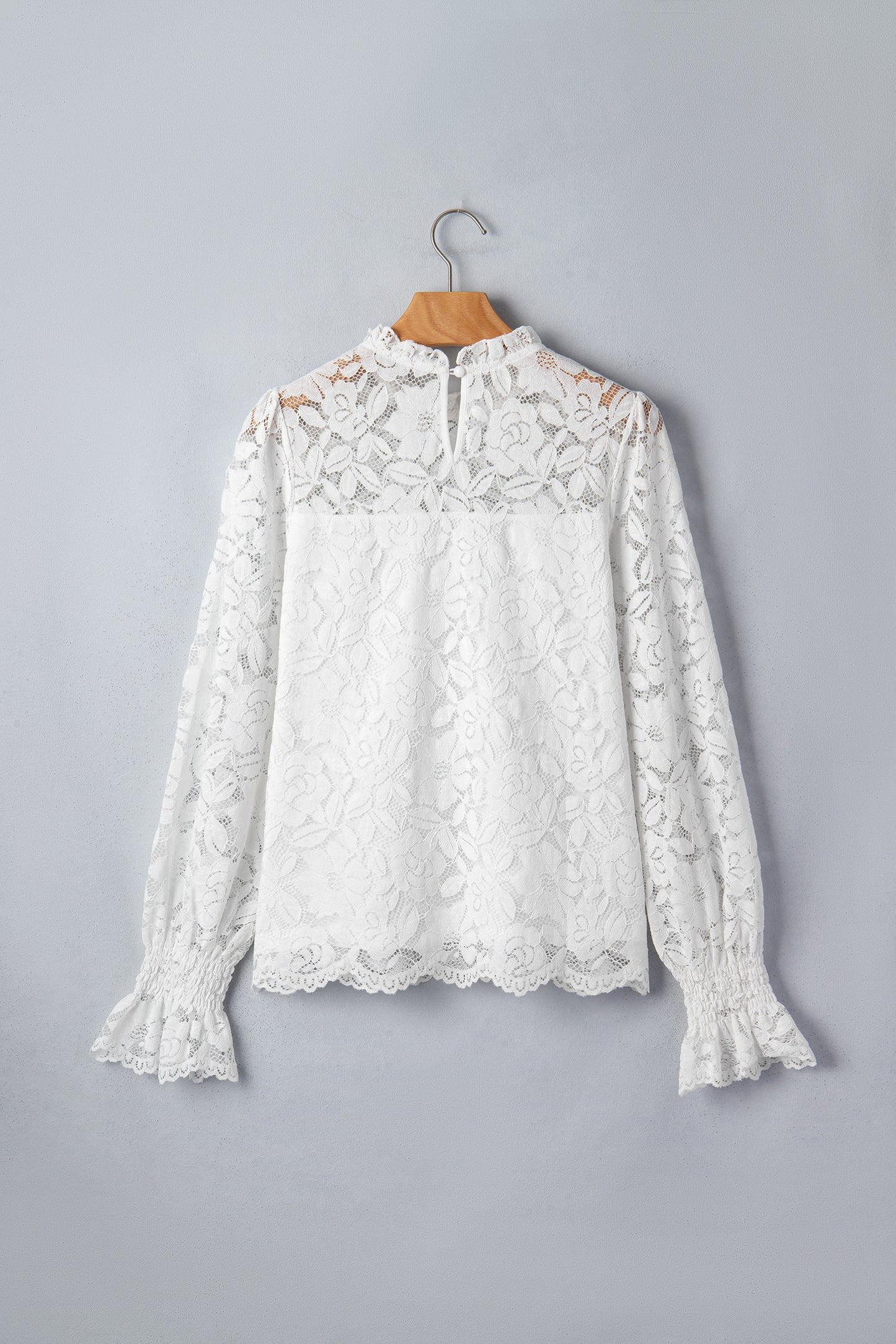 White Ruffled Neck Sheer Lace Blouse