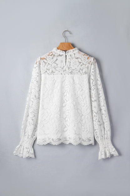 White Ruffled Neck Sheer Lace Blouse