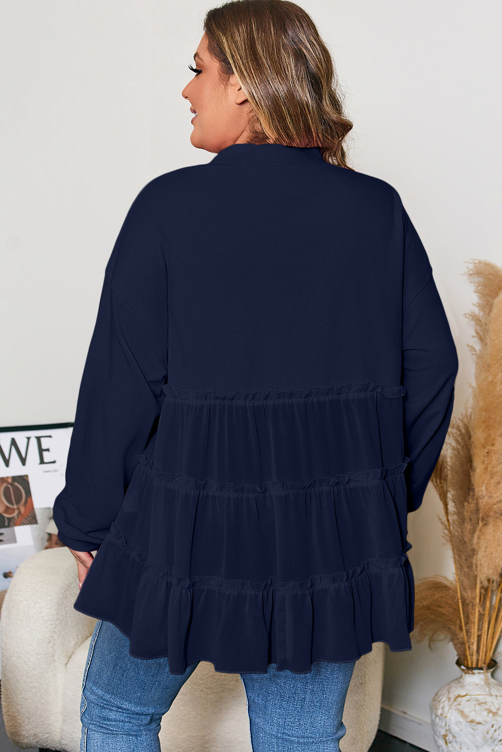 Tiered Ruffle Ribbed Crew Neck Top