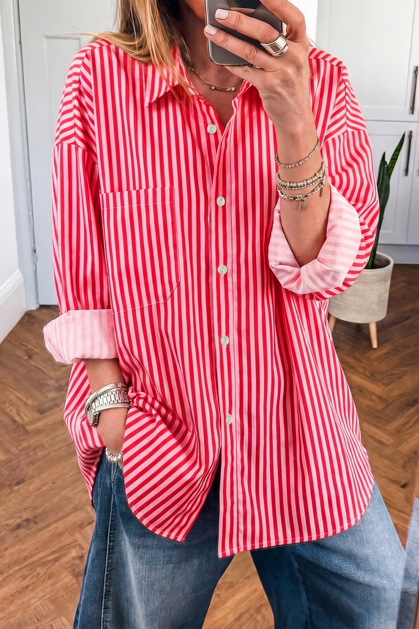 Red Stripe Button-Up Shirt