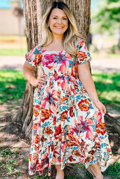 Floral Puff Sleeve Flowy Midi Dress