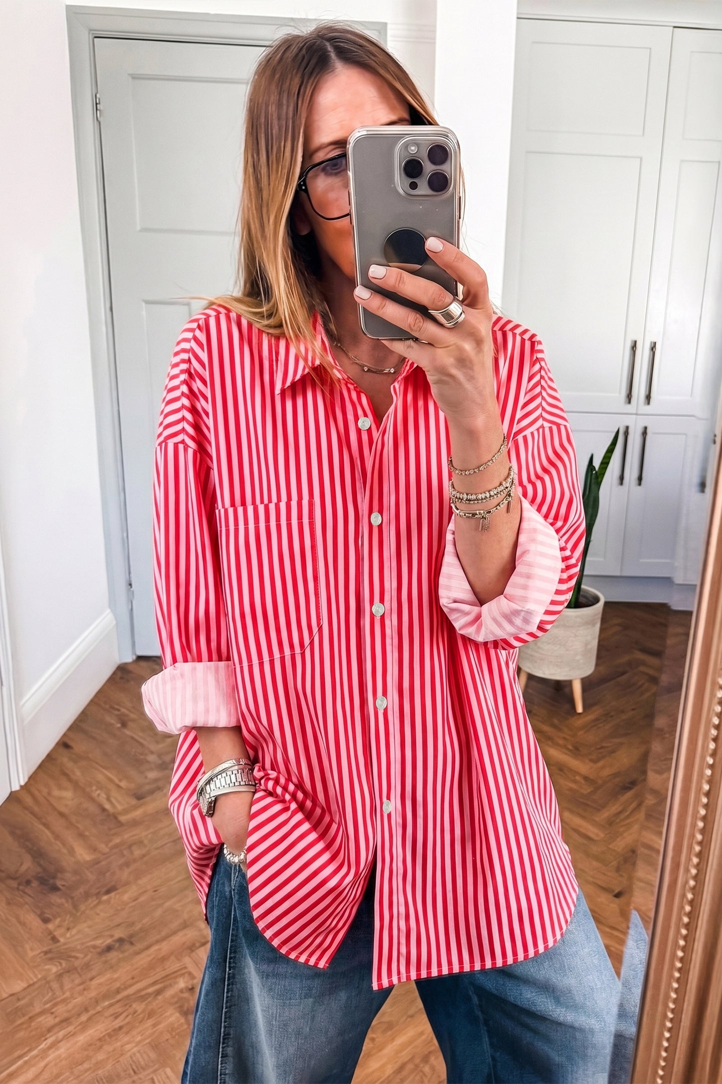 Red Stripe Button-Up Shirt