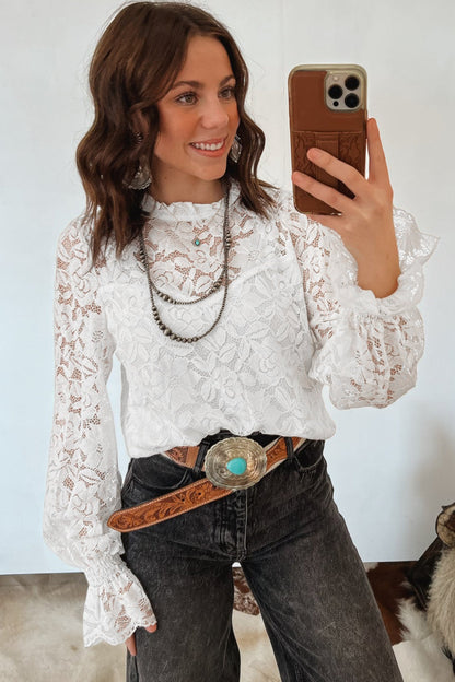 White Ruffled Neck Sheer Lace Blouse