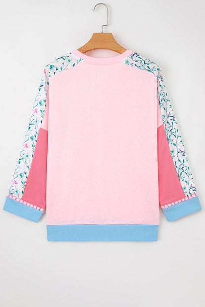 White Floral Colorblock Patchwork Notched Neck Long Sleeve Top