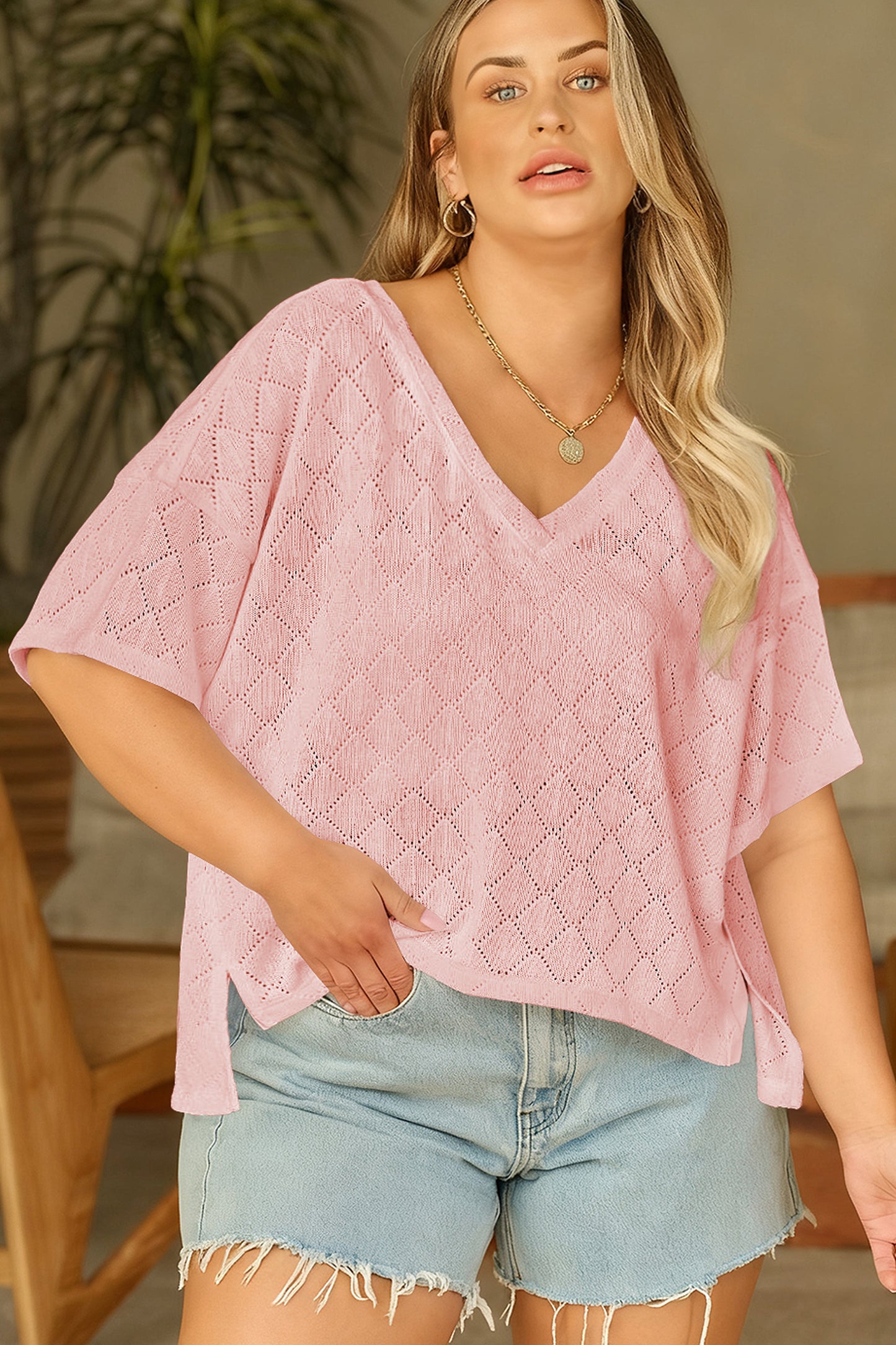 Pointelle Rhombus Knit V Neck Loose Top