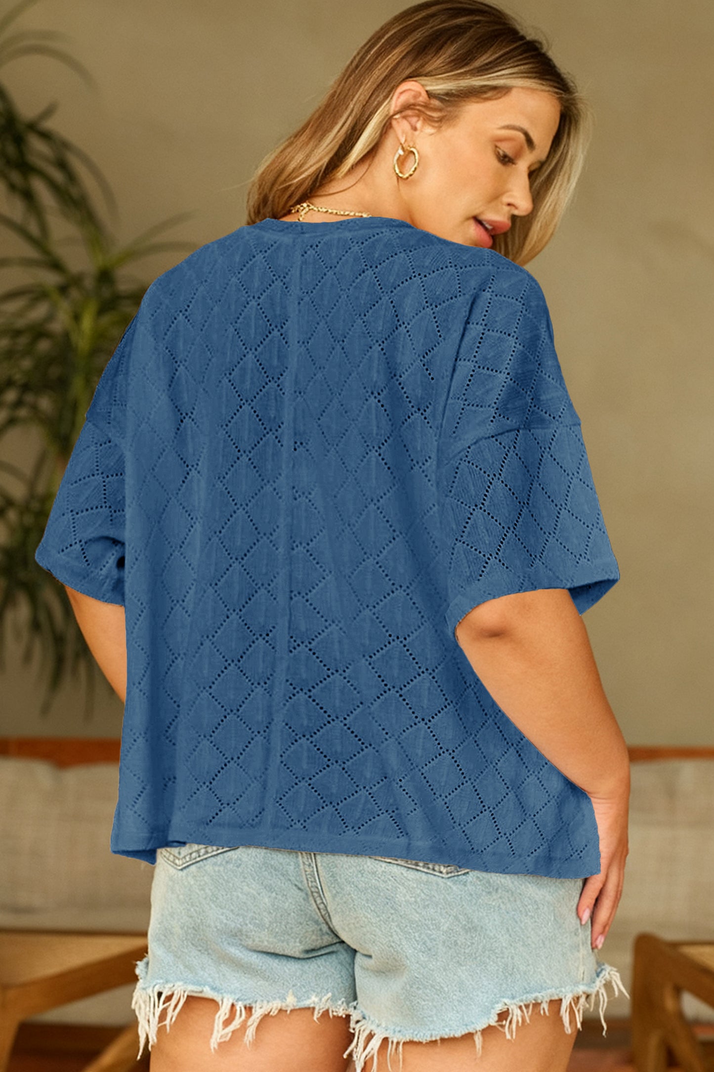 Pointelle Rhombus Knit V Neck Loose Top