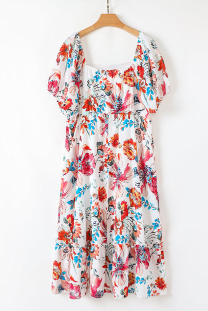 Floral Puff Sleeve Flowy Midi Dress