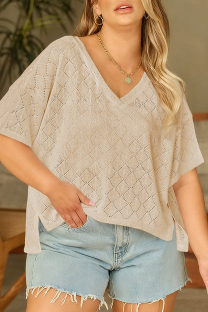 Pointelle Rhombus Knit V Neck Loose Top