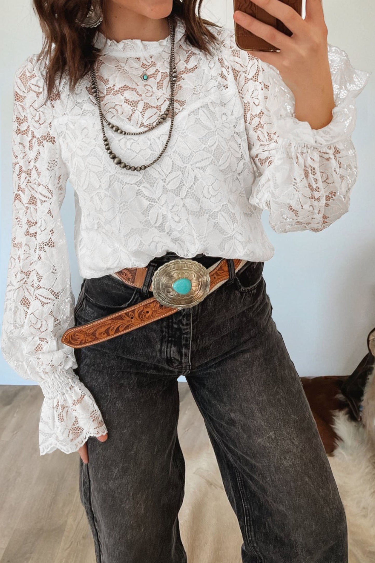 White Ruffled Neck Sheer Lace Blouse