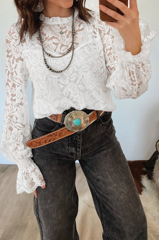 White Ruffled Neck Sheer Lace Blouse
