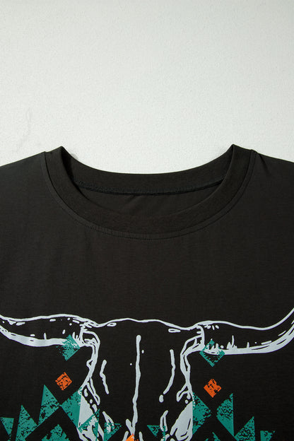 Carbon Grey Plus Size Western Aztec Bull Skull Printed T Shirt