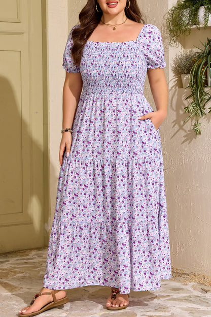 Purple Floral Print Smocked Maxi Dress