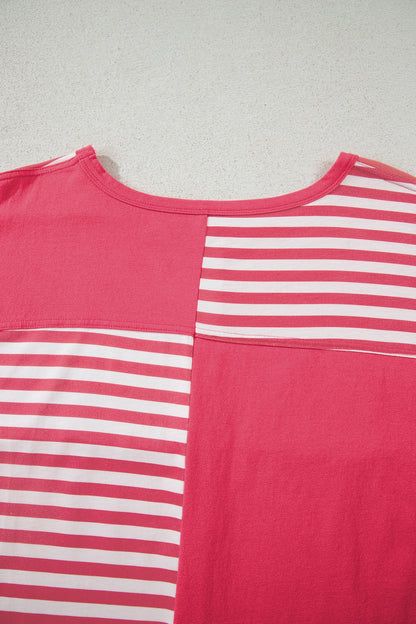 Pink Stripe Color Block Patchwork Drop Shoulder Long Sleeve Tunic Top