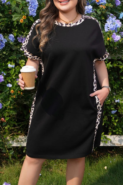 Black  Leopard Print T Shirt Dress with Pockets