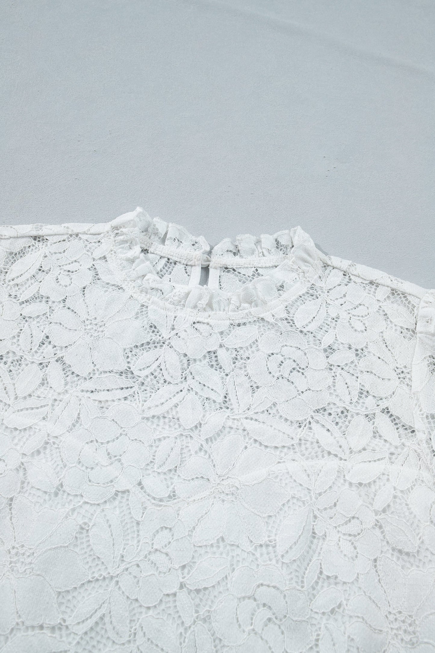 White Ruffled Neck Sheer Lace Blouse