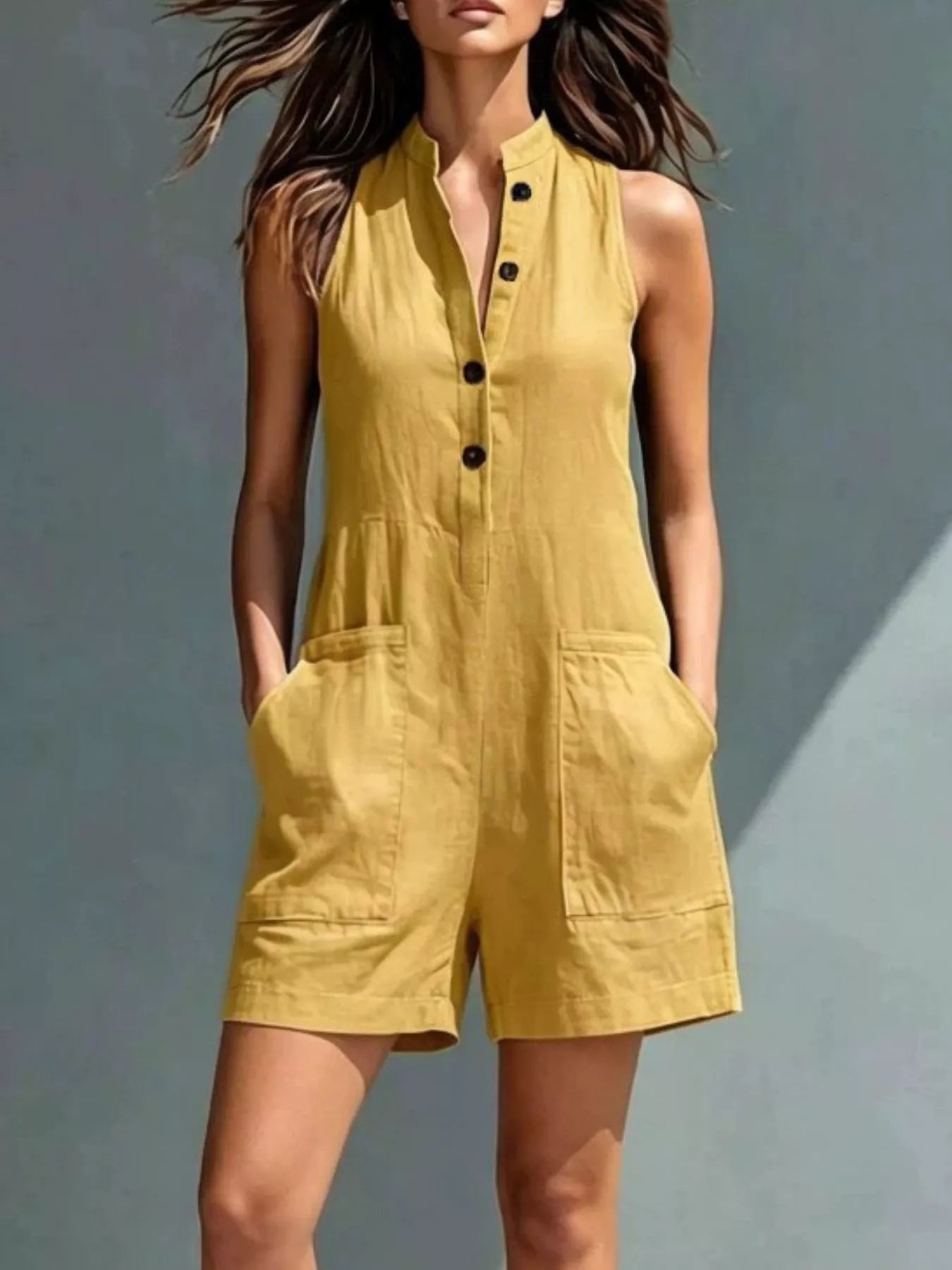 Sleeveless Button-Front Romper with Pockets