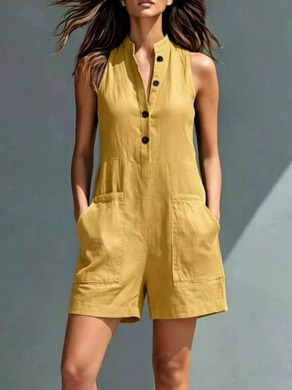 Sleeveless Button-Front Romper with Pockets