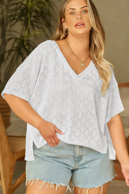Pointelle Rhombus Knit V Neck Loose Top