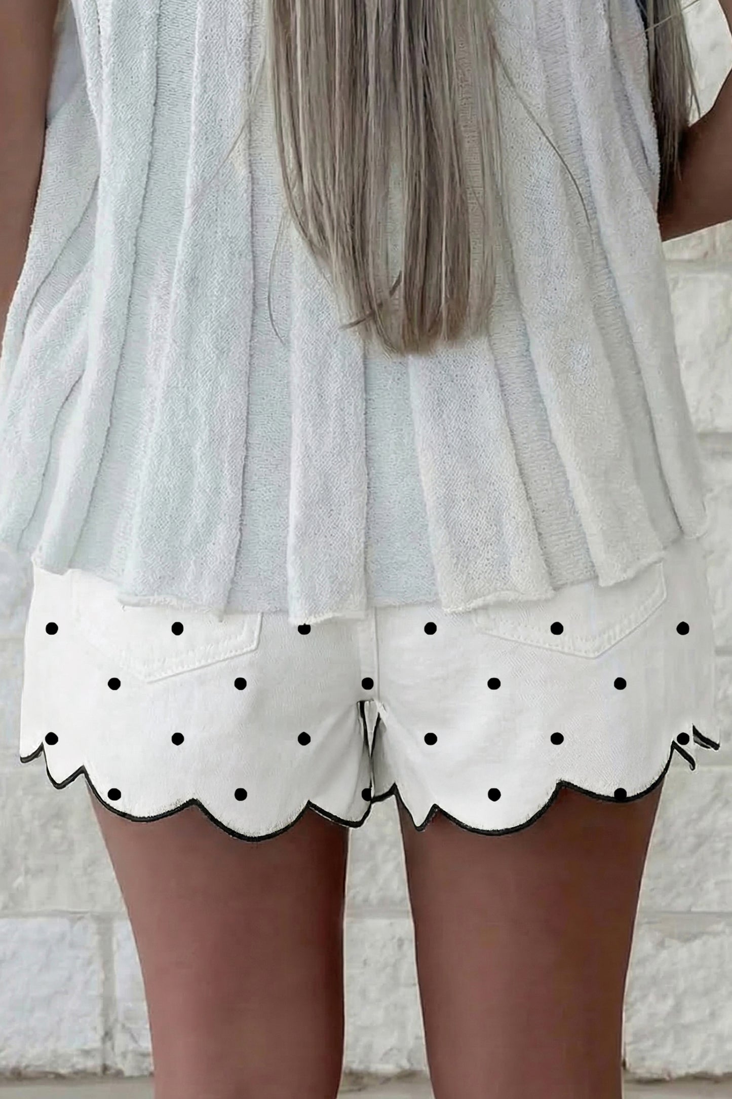 White Polka Dot Embroidered Scallop Hem Shorts