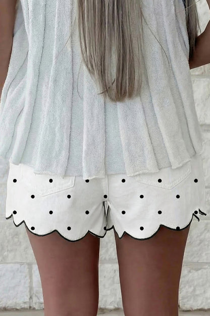 White Polka Dot Embroidered Scallop Hem Shorts
