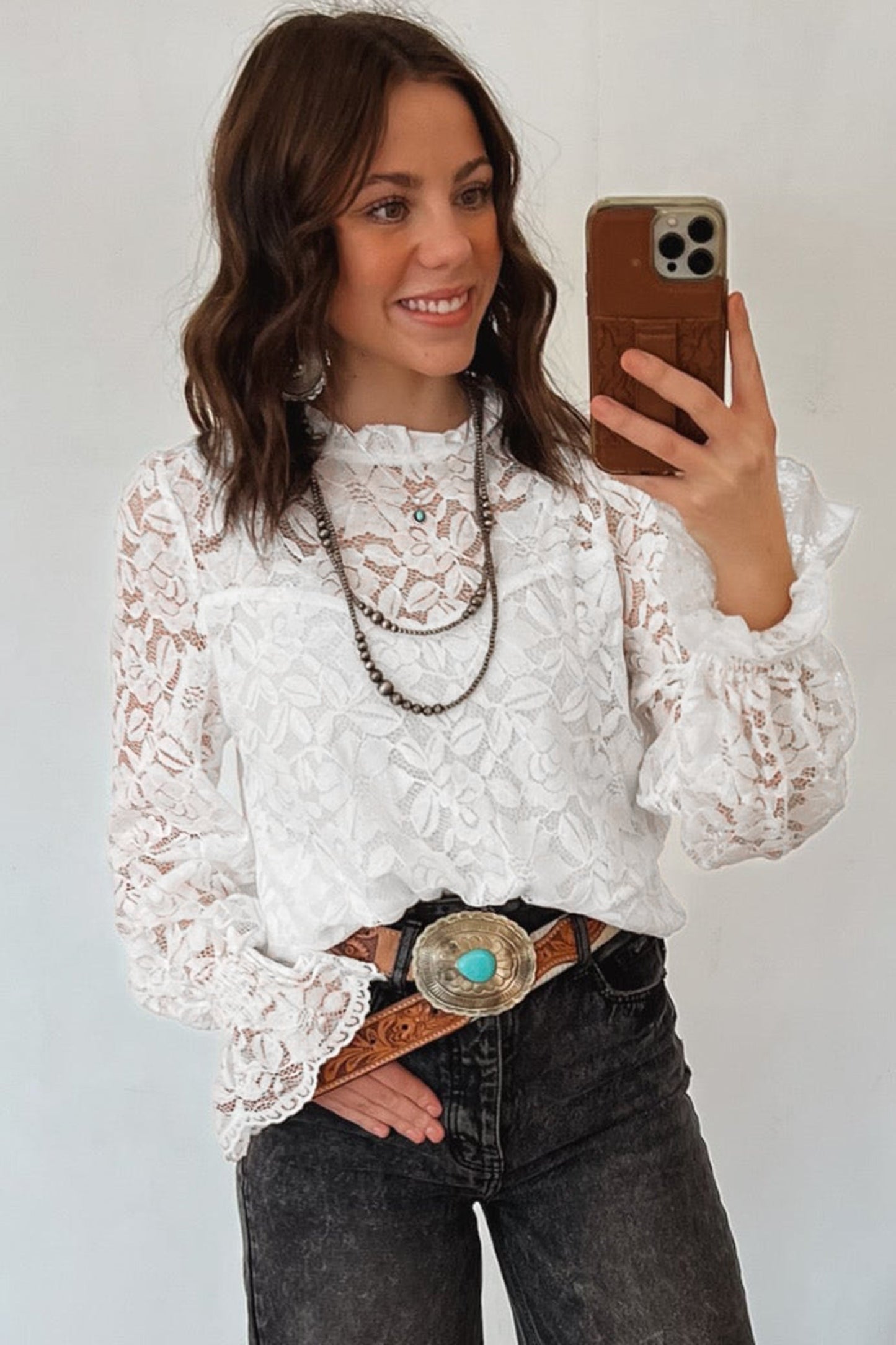 White Ruffled Neck Sheer Lace Blouse