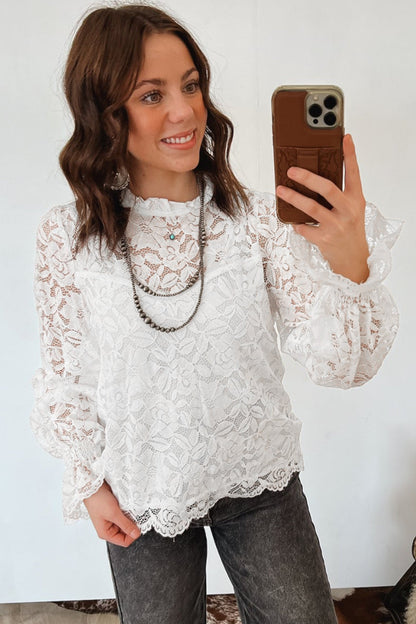 White Ruffled Neck Sheer Lace Blouse