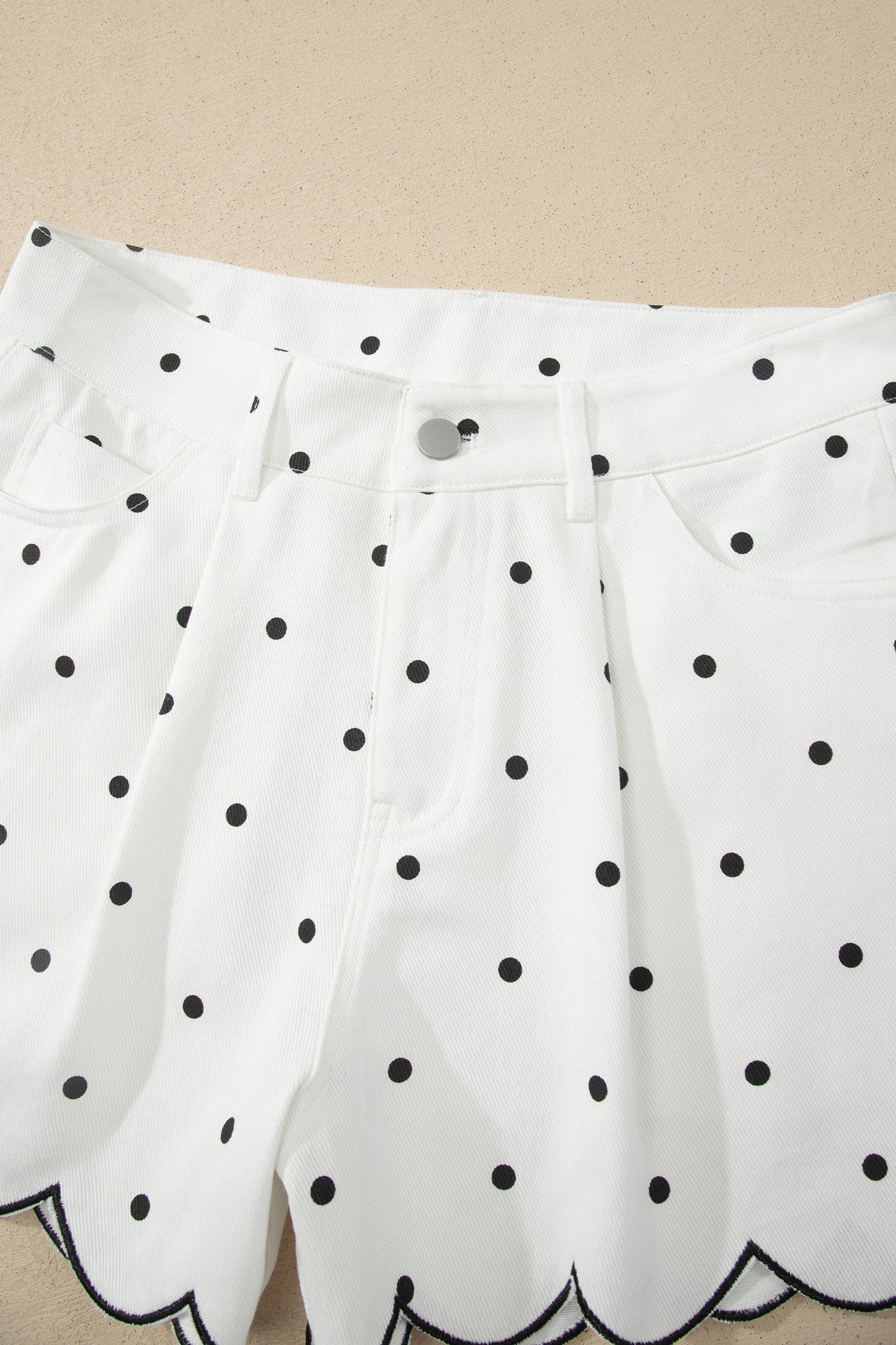 White Polka Dot Embroidered Scallop Hem Shorts