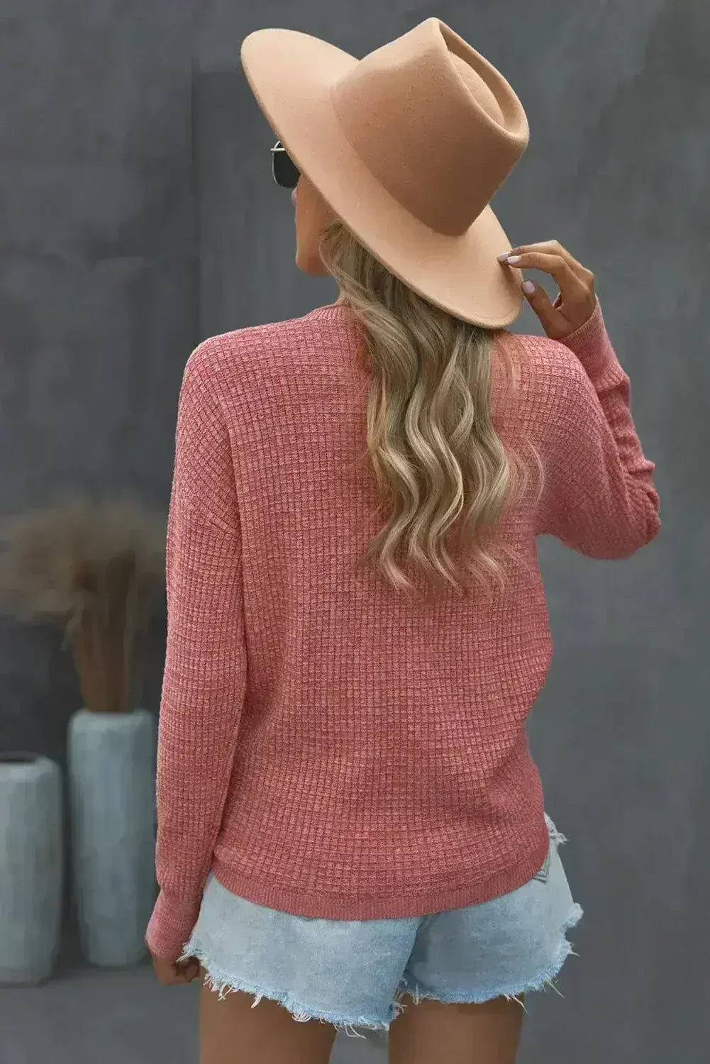 Women's Pink Deep V-neck Long Sleeve Knit Sweater