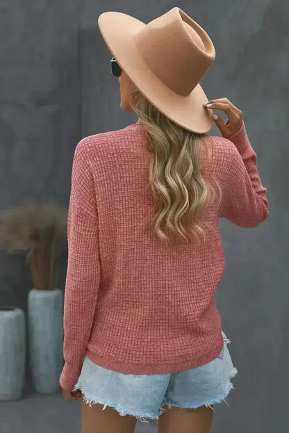 Women's Pink Deep V-neck Long Sleeve Knit Sweater